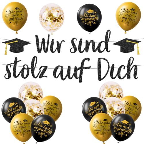 Abschluss Deko - Wir Sind Stolz Auf Dich mit 12 Stück Graduation Luftballons für Abschlussfeier Abitur Bachelor und Master 2026 Deko