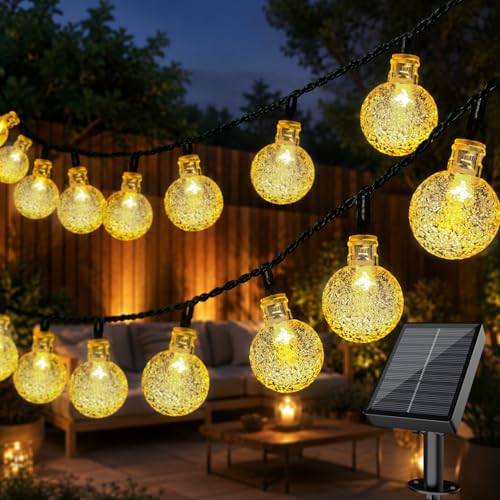 Electight Guirnaldas Luces Exterior Solares, 10M 60LED Guirnalda Luce Sola con 2.3cm Bola de Cristal LED, Impermeable, 8 Modos, Interior y Exterior Cadena para Jardín, Patio, Fiesta (Amarillo Cálido)