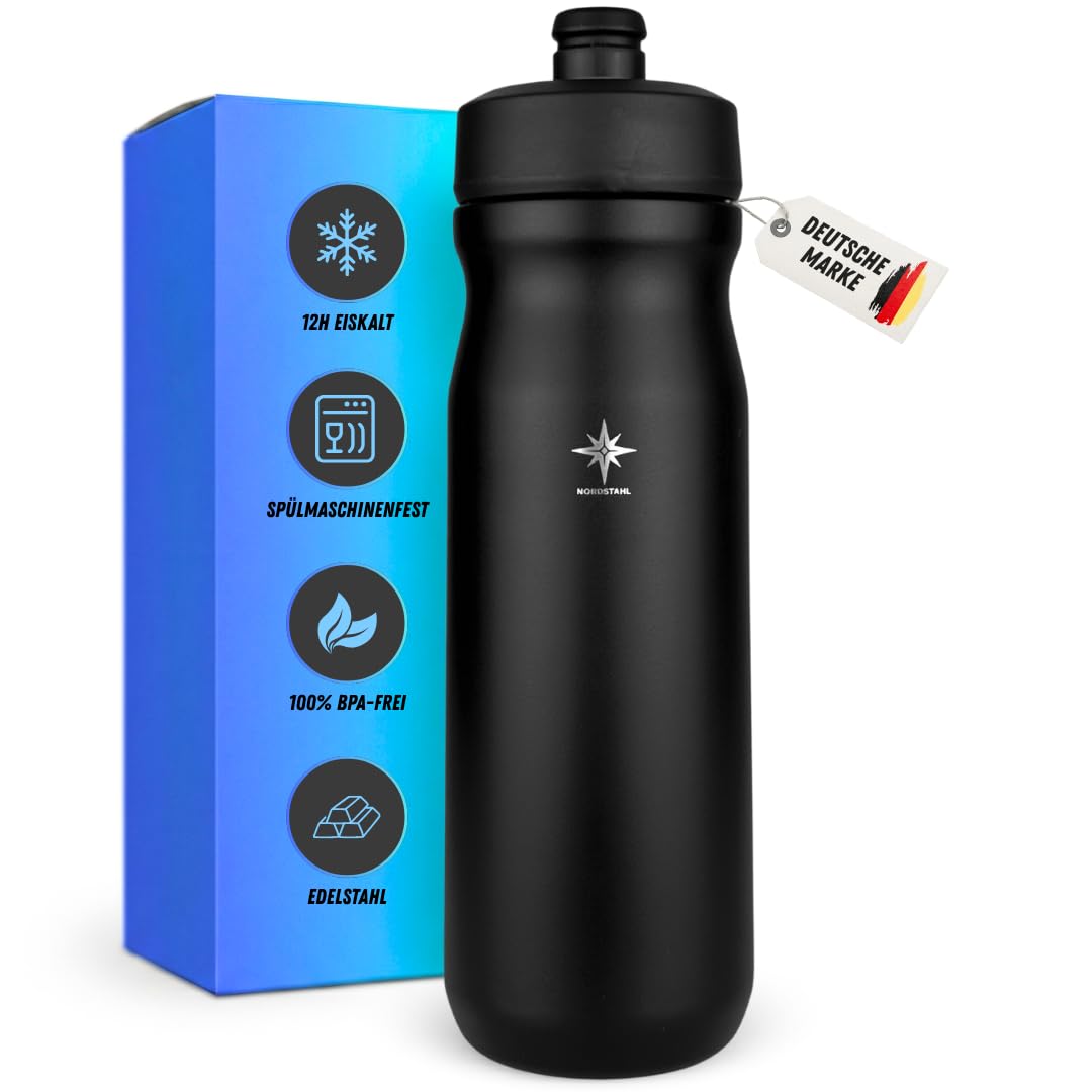 Thermo Fahrradflasche Edelstahl 600ml (1 × Schwarz) | Rennrad Trinkflasche | 12h eiskalt | ultraleicht 340g | spülmaschinenfest | für gängige Fahrradhalter | auslaufsicher & BPA-Frei