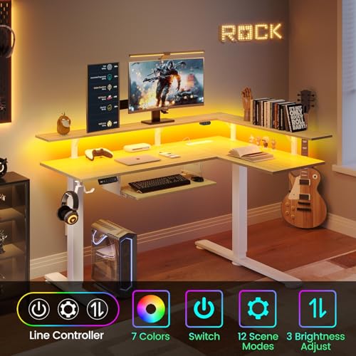 Image of Rolanstar L Shaped Standing Desk with Keyboard Tray, Height Adjustable Corner Desk with LED Light & Power Outlet, Electric Sit Stand Computer Desk with Monitor Stand, Beige