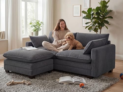 Image of Gizoon 75'' Loveseat with Ottoman for Small Space L Shaped Cloud Coucher with Deep Seats, 2 Seater Love Seat Sofa with Washable Corduroy Cover for Living Room Bedroom, Gray