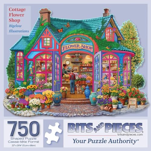 Bits and Pieces Rompecabezas de 750 Piezas para Adultos - Tienda de Flores en Cabaña - Grande 20" x 27" Rompecabezas Floral en Forma de Casa, 750 Piezas