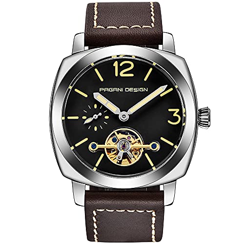 Pagani Design Men's Automatic Watches Tourbillon Fashion Men Mechanical Wristwatches Skeleton Dial Analog Digital dial Casual Leather Bracelet (Silver Brown)
