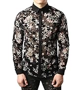 JOGAL Men's Flannel Flower See Through Sheer Button Down Shirts