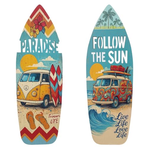 Générique Set de 2 Planches de Surf Décoration Murale en Bois MDF, 60 cm, Motif Van Plage Vintage, Style Rétro