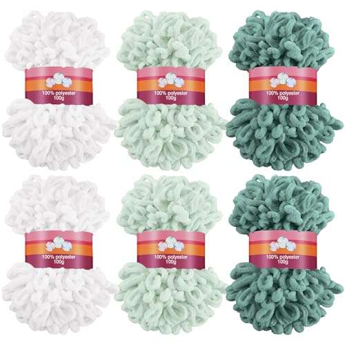Image of Threlaco 6 Pack Finger Loops Yarn Bulk Soft Chunky Yarn 600 G / 6 Skeins for Mothers Day Beginners Knitting No Needles or Hooks(White, Light Green, Dark Green)