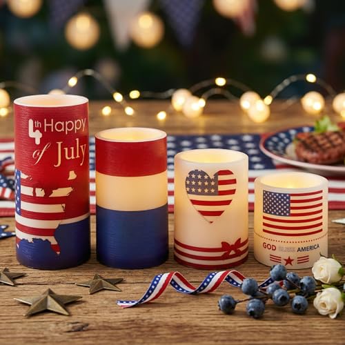 Image of 4th of July Flameless Pillar Candles with Timer Remote Control,250th Anniversary Red White and Blue LED Candles Battery Operated Set of 4 for American Independence Day Home Decor