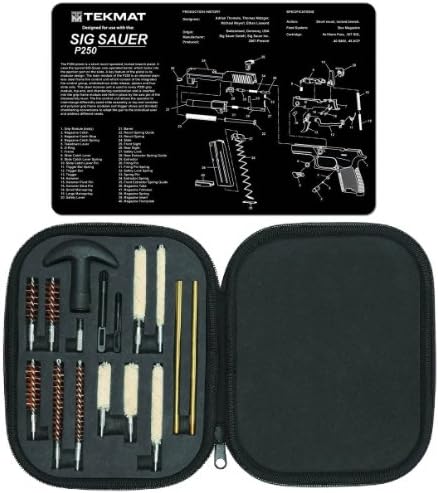 Ultimate Arms Gear Gunsmith & Armorer's Cleaning Work Bench Gun Mat SIG Sauer SIG P250 + Professional Tactical Cleaning Tube Chamber Barrel Care Supplies Kit Deluxe 17 pc Handgun Pistol Cleaning Kit in Compact Molded Field Carry Case for .22 / .357 / .38 / 9mm / .44 / .45 Caliber Brushes, Swab, Slotted Tips and Patches