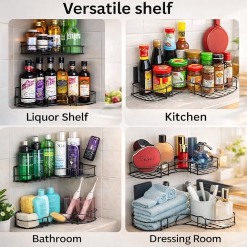 Image of PulGos Pack-1 Multipurpose Corner Wall Shelf with 2 adhesive hooks | Durable Mounted Rack for Bathroom, Kitchen & Toilet, Space-Saving Bathroom Accessories Storage Rack for Home & Office Use |No Drill