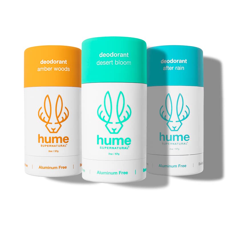 HUME SUPERNATURALAluminum Free Deodorant for Women & Men - Probiotic and Plant-Based, Long-Lasting Moisture Absorbing - Clean and Effective (Desert Bloom, Amber Woods & After Rain)
