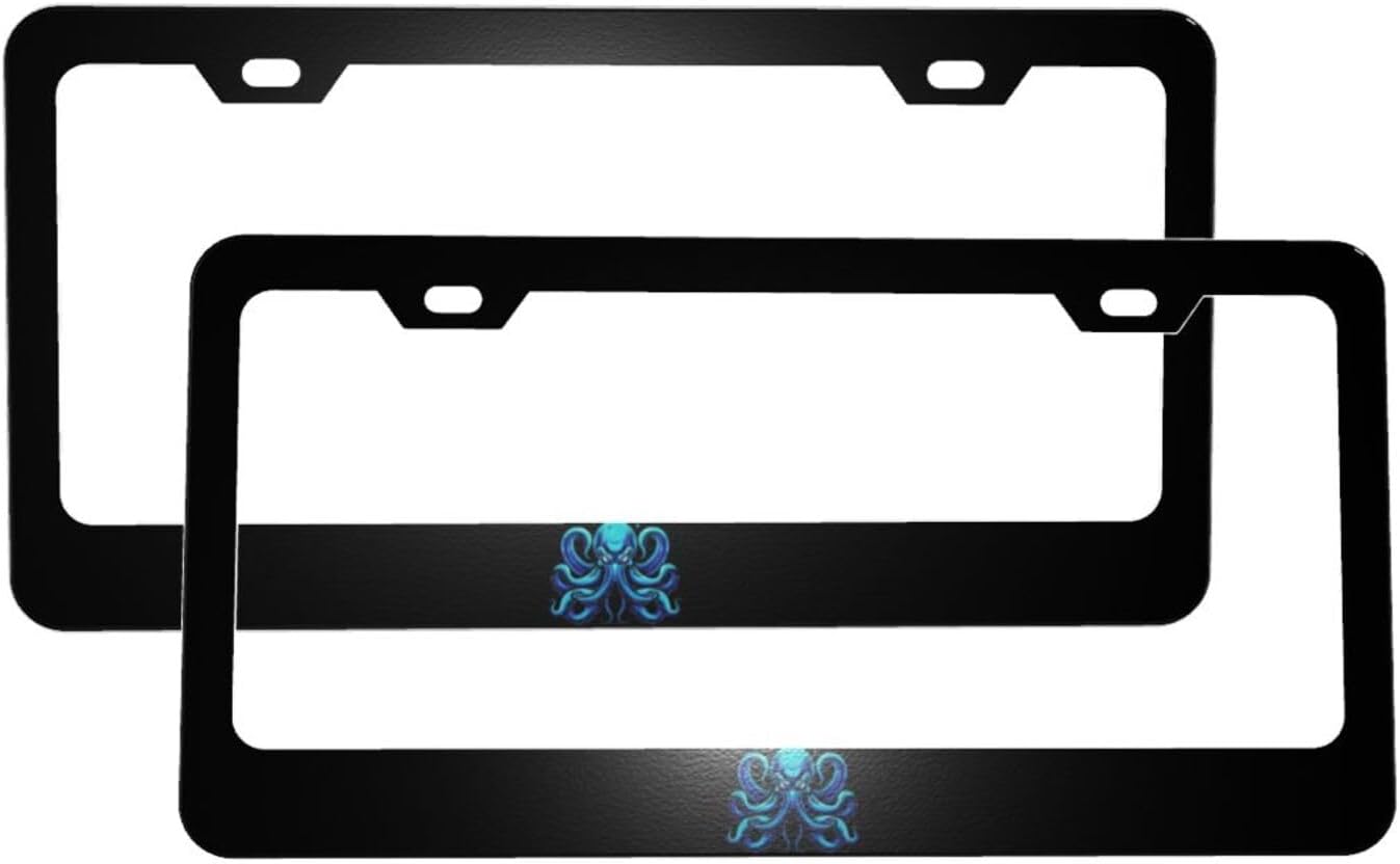 Octopus Mascot Matte Aluminum License Plate Frame with Black Screw Caps，2pcs 2 Holes Black Licenses Plates Frames,Car Licenses Plate Covers Holders for Us Vehicles/Women/Men