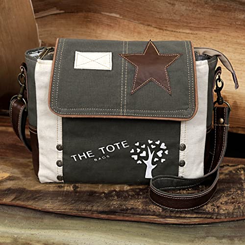 Image of Vintage Canvas Leather Messenger Bag for Men & Women, Crossbody, Shoulder Bag, Satchel 11 inch with Star Flap Small Travel Use