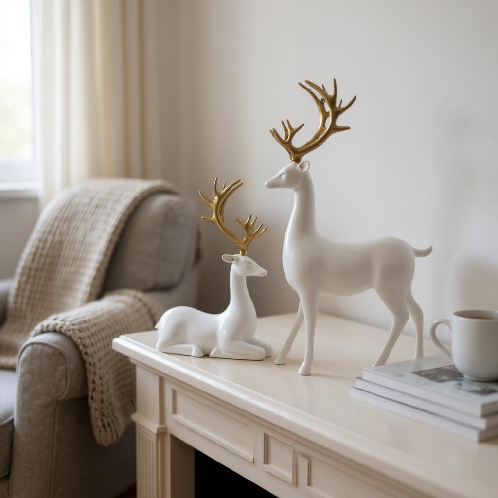 Tim Tim Agro 2 Pack Resin Christmas Reindeer Figurines Deer Statues Elk Sculpture Deer Ornaments for Living Figurine Statues TV Cabinet Home Office Wine Cabinet Decoration (White)