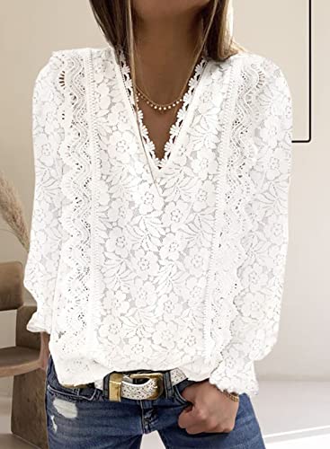 Shewin Womens Long Sleeve Blouses V Neck Lace Crochet Boho Shirts Tunic Tops Dressy Casual For Women 2023 Fashion Trendy,Us 12-14(L),White #TOP1