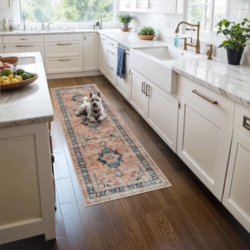 Washable 2x5 Hallway Runner Rug: Indoor Vintage Water Resistant Kitchen Entryway Rug Soft Living Room Bedroom Carpet Thin Low Pile Non Slip Floor Mat for Bathroom Laundry Dining Room(2X5,Orange)