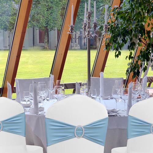 Image of 50 Pack Baby Blue Chair Sashes, Blue Spandex Chair Bands for Wedding Gender Reveal Party Decor, Baby Blue Bows for Folding Chairs