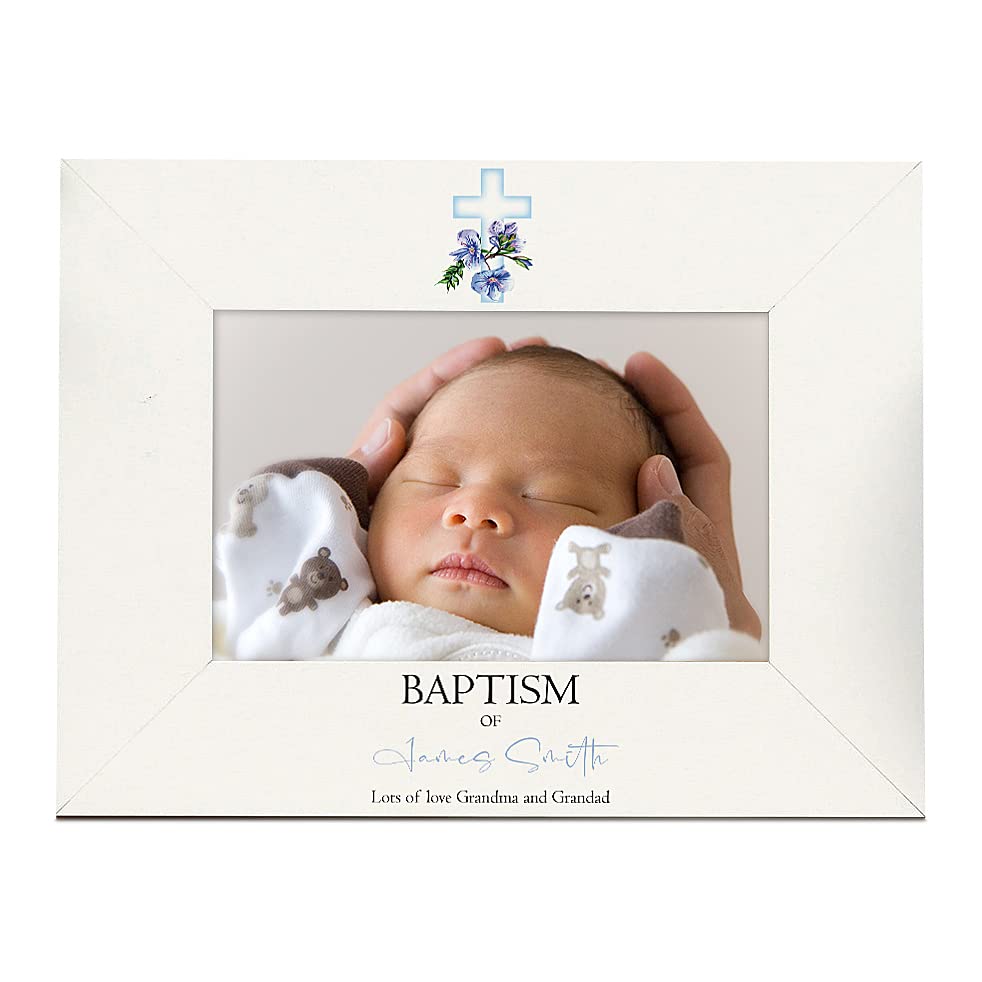 Personalised Baptism Day Photo Frame Gift With Blue Cross