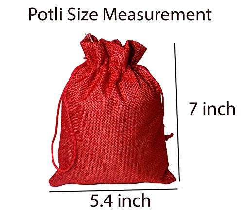 Image of Brown Leaf Premium Red Colour Jute Linen Medium Potli Bags Pouch(7 * 5.4 inch) with Tags Best Gifting Bag for Weeding,Birthday Party & Anniversary (Set of 48)