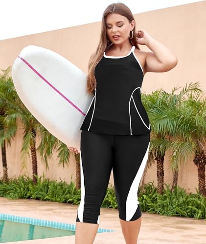 Image of LALAGEN Womens 2023 Plus Size Tankini Swimsuit Rash Guard Capris Athletic Two Piece Swimwear Bathing Suit S-5X