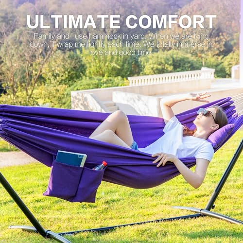 Image of PNAEUT Double Hammocks with Stand for Outside, Portable Space Saving Heavy-Duty Steel Stand for Indoor Outdoor Patio with Carrying Bag, 450 lbs Capacity (Purple)