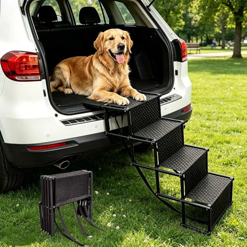 4 Steps Folding Dog Ramp for Cars Extra Wide Portable Pet Ramp for Dogs and Cats Non-Slip Heavy Duty Suitable for SUVs Trucks and Cars