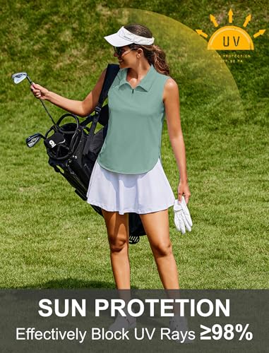Image of PINSPARK Women Golf Shirts Sleeveless UPF 50+ Tennis Polo V-Neck Quick Dry Athletic T Shirt 1 /4 Zip Collar Workout Tank Top