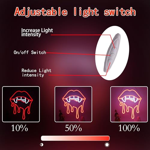 Image of Vampire Fangs Neon Sign, Red Lips LED Light for Halloween Wall Decor, Horror Gothic Neon Sign for Bedroom, Bar, Vampire Theme Party Decorations