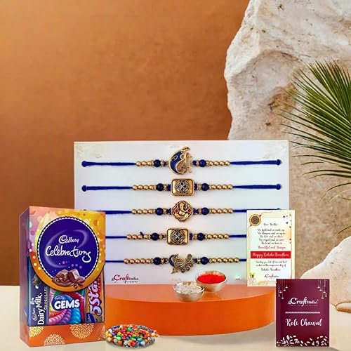 Image of eCraftIndia Set of 5 Blue Golden Shri, Ganesha, Peacock, Flute, Floral Religious Rakhis for Brothers with Chocolate, Cadbury Celebrations Gift Pack of 5 Assorted Chocolate, Rakhi with Chocolate Gift