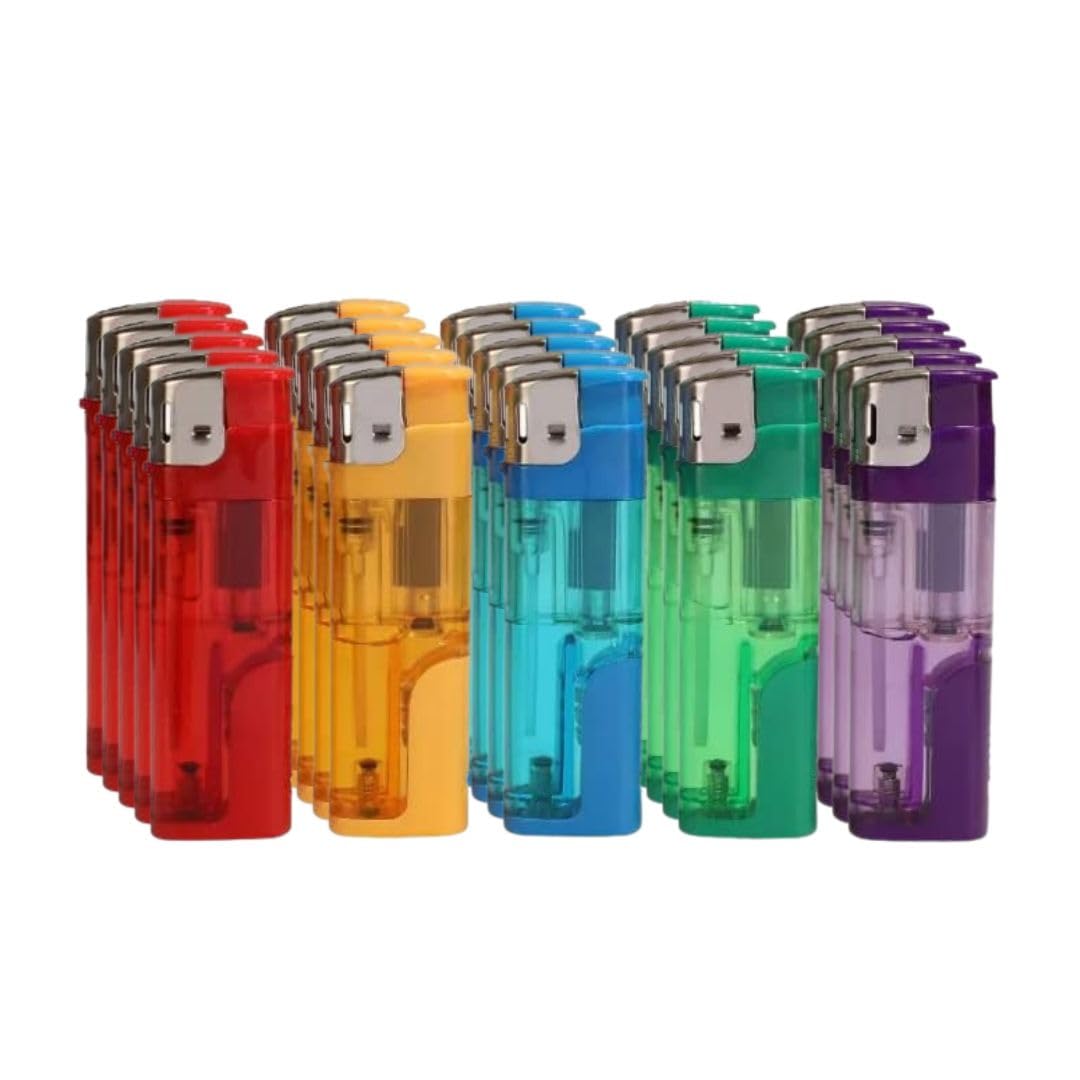 Pack of 25 Assorted Colour Electronic Lighters with Adjustable Flame, Easy to use, these lighters are perfect for lighting candles, fireplaces, grills, and more (𝗡𝗼𝗻-𝗥𝗲𝗳𝗶𝗹𝗹𝗮𝗯𝗹𝗲) (25)