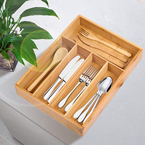 Bamboo Flatware Organizer Utensil Drawer Organizer Cutlery Tray with 5 compartments Durable Utensil Tray Flatware Drawer Divers Beige