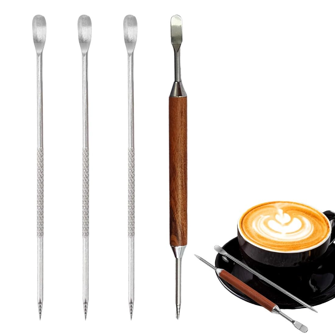 4 bolígrafos para latte art, Latte Art Bolígrafo decorativo, agujas de doble cabezal para grabar café, Café Decorating Pen, mango de madera, decorativas agujas de acero inoxidable