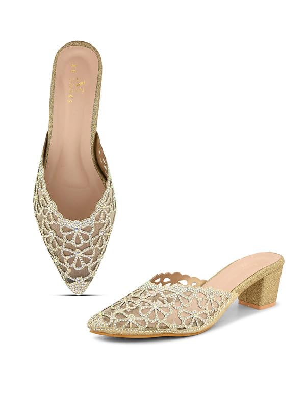 XE Looks Women's Embellished Mesh Block Heel Mules | Floral Rhine...