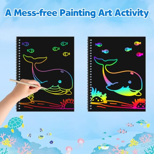 Image of ZMLM Scratch Paper Art Craft: 2 Pack Rainbow Scratch Set for 3 4 5 6 7 8 9 10 Years Old Girls Boys Students Drawing Coloring Black Magic Art Supplies Kits Gifts School Birthday Party Toys (Ocean)