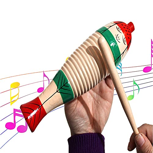 Kleines Holz Fisch förmiges Guiro Instrument, 2 Sets Holzschaber Guiro Sound Tube Musikalisches Schlaginstrument Guiro Fisch Musical für Kinder Kinderspielzeug