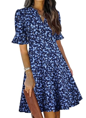 Image of Mokayee Womens Summer V Neck Ruffle Short Sleeve Fit and Flare Knee Length Church Wedding Guest Dresses with Pockets