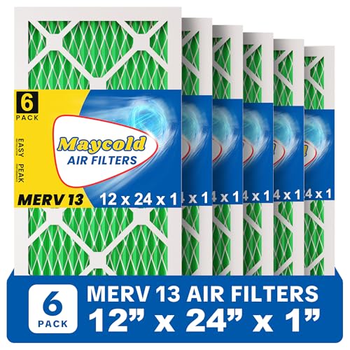 Maycold MERV 13 12x24x1 Air Filter (6-Pack), High-Efficiency Pleated AC & Furnace Filters, Actual Size: 11.70' x 23.70' x 0.75', Individually Wrapped in Plastic