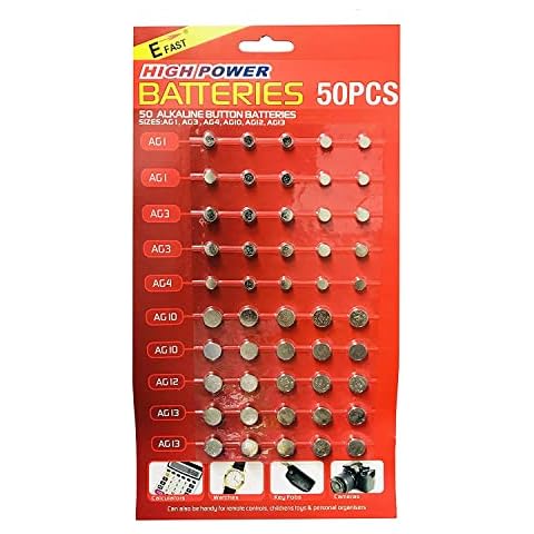 50 Pack Assorted Mixed Alkaline Button Cell Batteries AG1/LR621 | AG3/LR41 | AG4/LR66 | AG10/LR54 | AG12/LR43 | AG13/LR44 Battery for Watches, Toys, Calculators, Key Fobs Cover