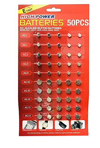 50 Pack Assorted Mixed Alkaline Button Cell Batteries AG1/LR621 | AG3/LR41 | AG4/LR66 | AG10/LR54 | AG12/LR43 | AG13/LR44 Battery for Watches Toys Calculators Key Fobs