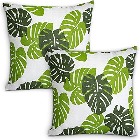 Tropical Leaf Pillow Covers 18x18, 1 Set of 2 Green Monstera Leaves Print Pillow Cases Decorative Throw Cushion Covers Square for Bed Sofa Couch Patio Decor Cover