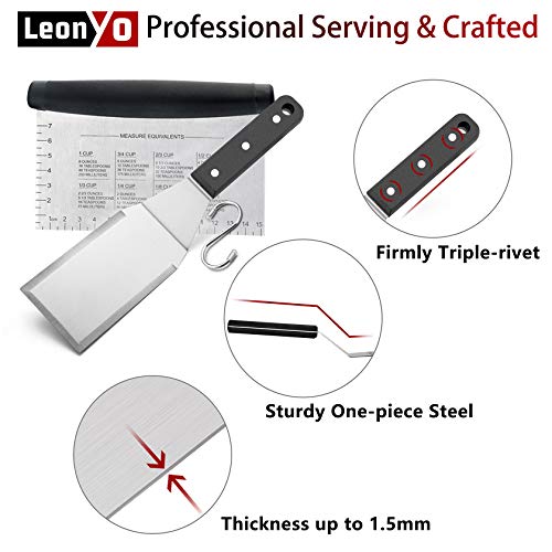 Leonyo Griddle Accessories Set Of 7, Stainless Steel Griddle Metal Spatula Scraper Turner For Flat Top Grill Pan Bbq, Anti-Corrosion Abs Handle, Dishwasher Safe, Various Sizes, 6 X Hanging Hooks #TOP1