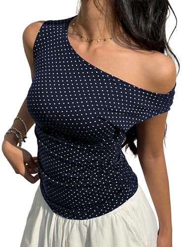 EMMIOL Off Shoulder Tops for Women Cute Sleeveless Polka Dot Shirts Ruched Sexy Going Out Tank Top Y2K Clothes