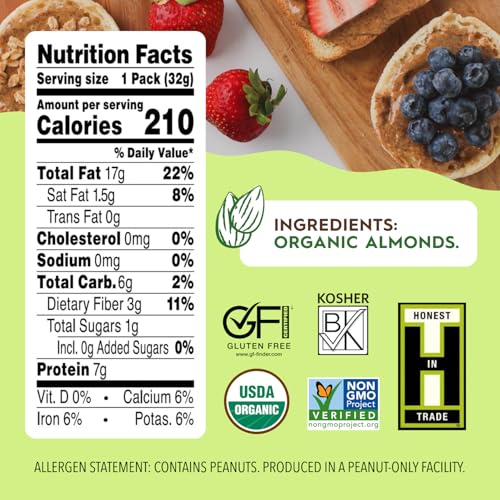 Once Again Organic Almond Butter Packets, Roasted - Individual Nut Butter Packets for Snacks, Travel, Lunches - Single Serve Squeeze Packs - Vegan, Non-GMO, Gluten Free - 1.15 Ounce Packs, 10 Count