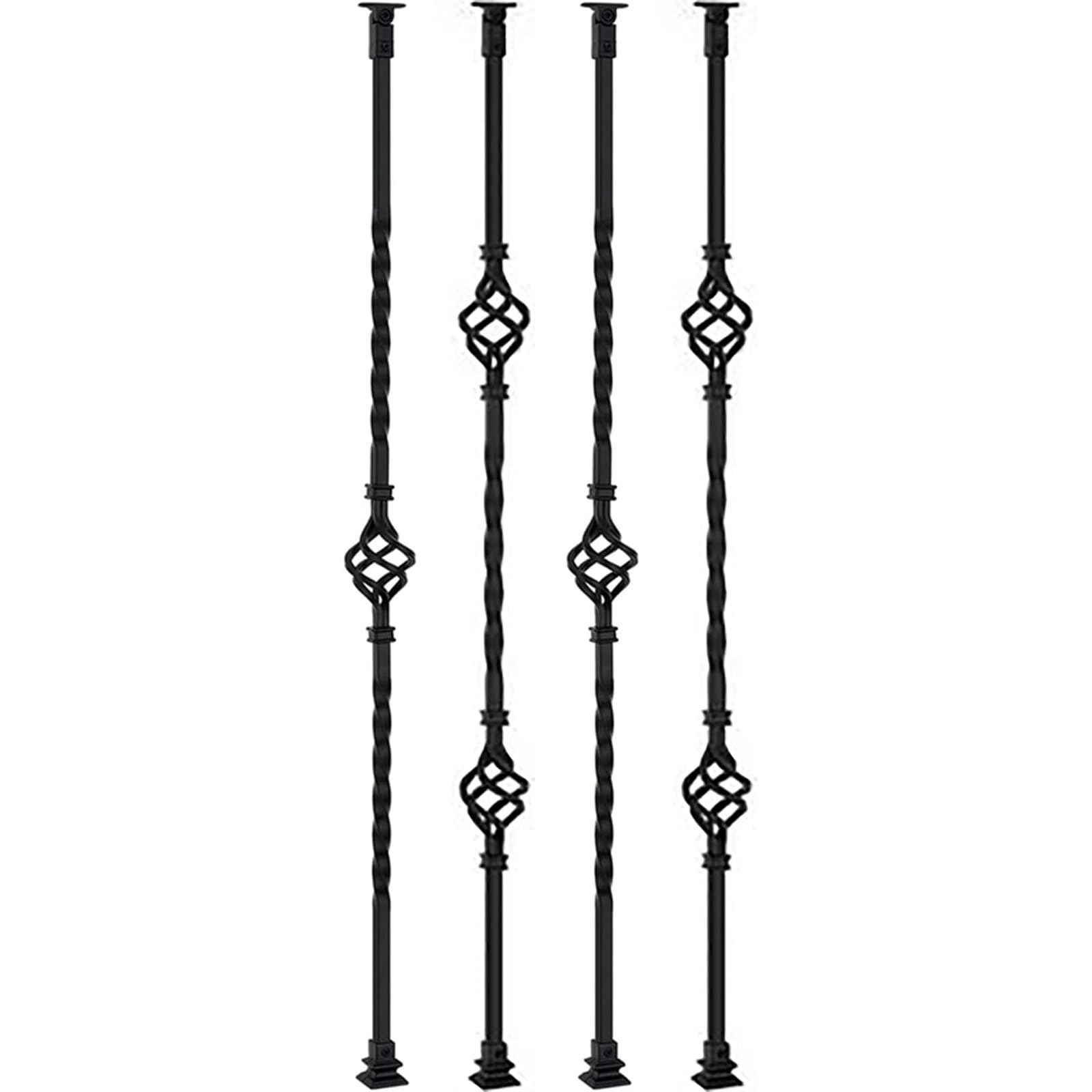 Wrought Iron Double Basket Twist Staircase Spindles for Deck Railing Waterproof Porch Balustrade Customizable Black Pack of 4 80cm/31.5in