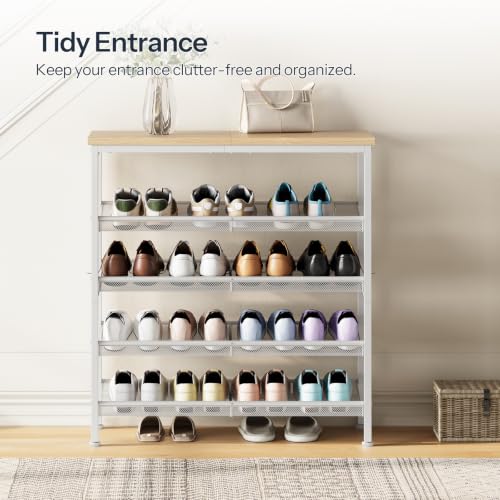 Image of HOOBRO Shoe Rack for Entryway, 5-Tier Shoe Organizer with Adjustable Mesh Shelves, 12-16 Pairs of Shoes, Spacious Floor Mount, Metal, Industrial, Shoe Shelf for Closet, Natural and White WN12XJ01