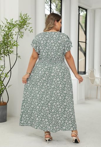 Image of Nemidor Womens Plus Size Boho Ditsy Floral Print Casual Smocked Flared Maxi Long Dress with Pocket