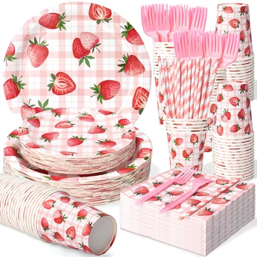 300 Pcs Berry First Birthday Decor Strawberry Decorations For Party Strawberry Shortcake Birthday Decorations Plates and Napkins Serves 50 Guests