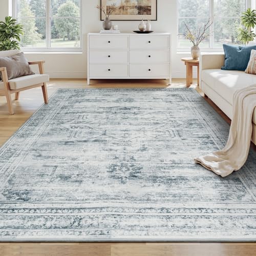 Carpelux 5x7 Washable Area Rugs for Living Room, Soft Faux Wool Carpets for Bedroom Dining Room, Neutral Vintage Distressed Non Slip Stain Resistant Grey Blue Rug for Home Office Decor