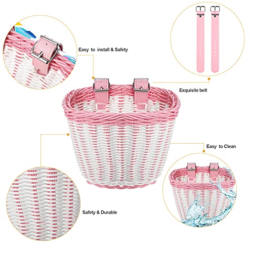 Cesta de mimbre blanca y rosa de bici con serpentinas y timbre para niños 4