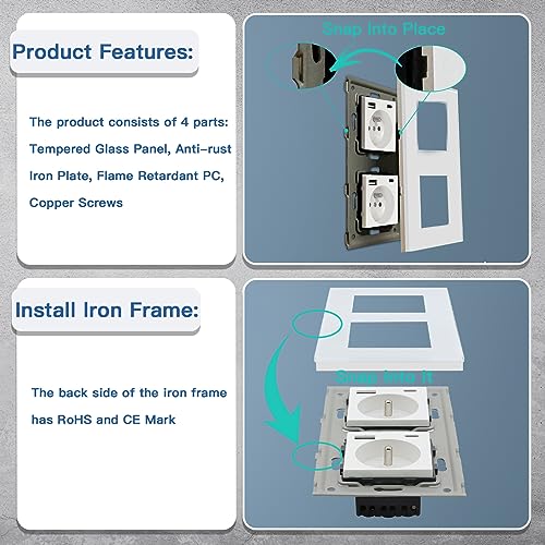 BSEED Steckdose aus Kristallglas, Wandmontage, USB und 1 Typ C Alternative, Mehrfachsteckdose mit USB 2.1 A, Strom 16 A, 240 V, 157 mm, Wei&szlig;
