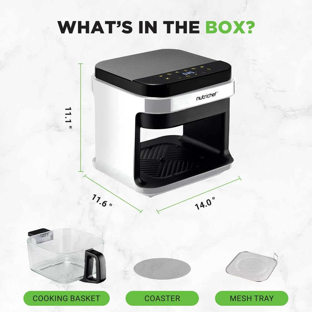 NutriChef Freidora de aire caliente de 5,5 L, color blanco, 8 en 1, con recipiente de cristal y pantalla táctil LED, para freír sin aceite, circulación de aire caliente de 360°, para patatas, pollo